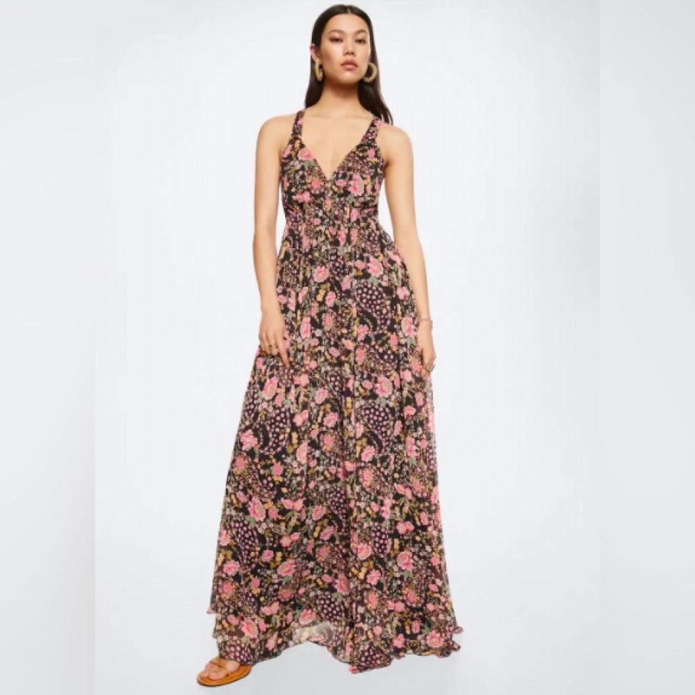 Mango Pink and Brown Maxi Dress Halter Neckline